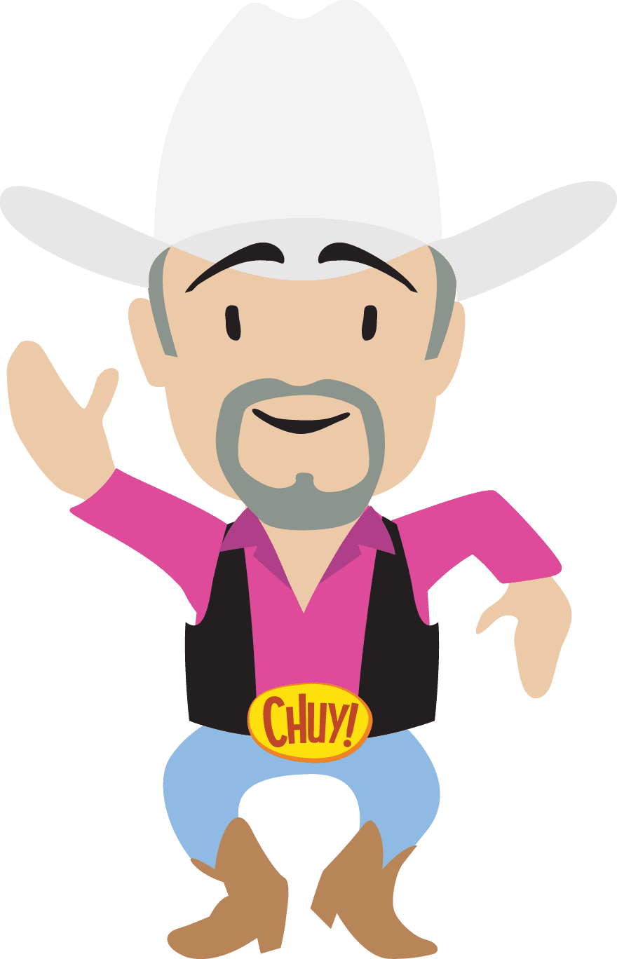 Chuy pink shirt and white hat